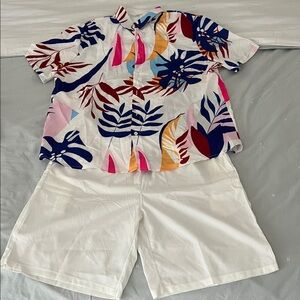 Colorful Tropical Print Shirt and White Shorts Set